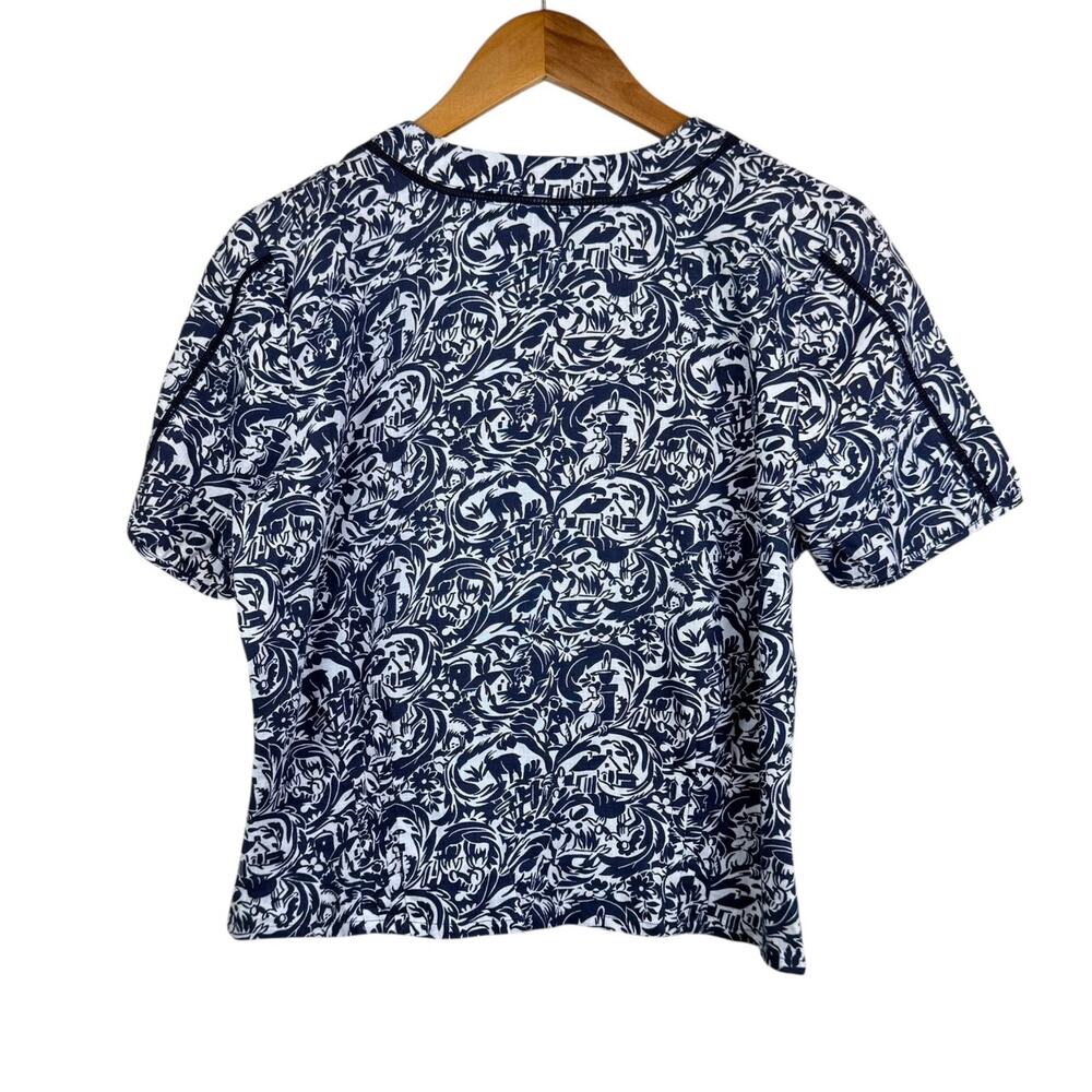 Brora 100% Linen Indigo Blue Vintage Pattern Short Sleeve Button Up V-Neck Top - Picture 9 of 12